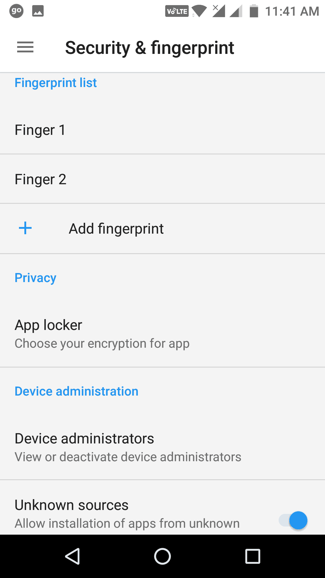 Security and Fingerprint settings