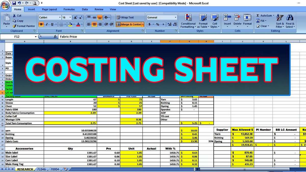 Costing Sheets 